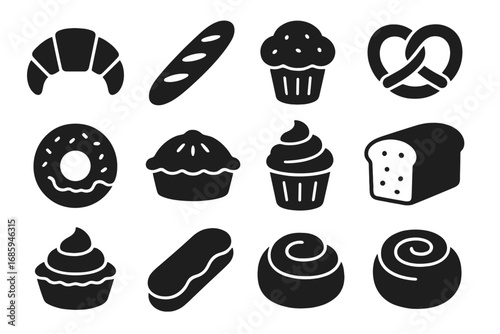 Bakery Icons Collection. Solid style icons of bakery items: croissant, baguette, muffin, pretzel, donut, pie, cupcake, loaf of