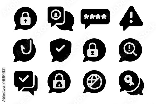 Chat Security Icons. Solid style icons of chat security features: lock icon, two-factor authentication, password chat, security
