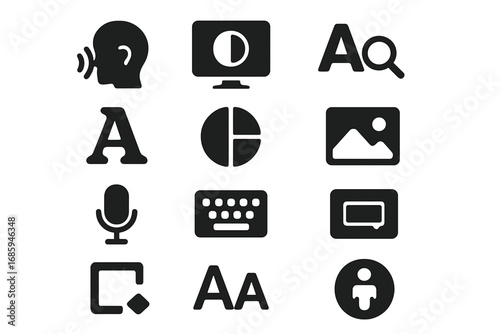 Accessibility Feature Icons. Solid style icons of forum accessibility features: screen reader icon, high contrast mode, text zoom,