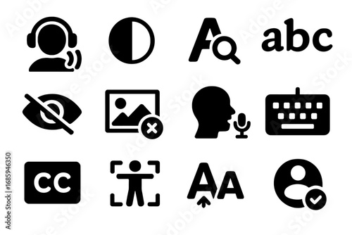 Accessibility Feature Icons. Solid style icons of forum accessibility features: screen reader icon, high contrast mode, text zoom,
