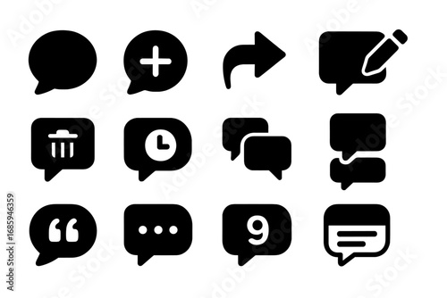 Comment Interface Icons. Solid style icons of comment interface: comment bubble, add comment, reply arrow, edit comment, delete