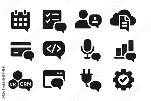 Chat Integration Icons. Solid style icons of chat integrations: calendar event, to-do list, contact share, cloud file, payment