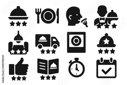 Restaurant Review Icons. Solid style icons of restaurant reviews: food rating, plate icon, taste review, waiter feedback, ambiance