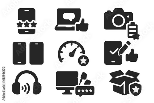 Device Review Icons. Solid style icons of device and gadget reviews: phone rating, laptop comment, camera feedback, battery review