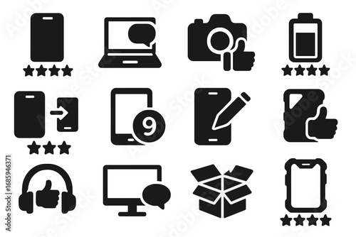 Device Review Icons. Solid style icons of device and gadget reviews: phone rating, laptop comment, camera feedback, battery review