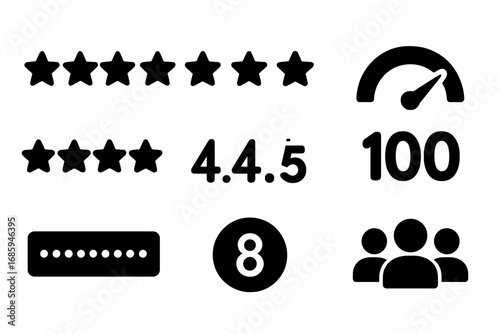 Solid Style Ratings Icons. Solid style icons of numeric ratings: 1/5 rating, 2/5 rating, 3/5 rating, 4/5 rating, 5/5 rating, 100