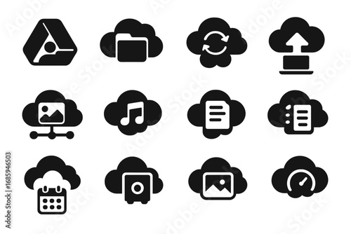 Icon Cloud Storage. Solid style icons of personal cloud storage: drive icon with avatar, private folder cloud, media sync cloud,