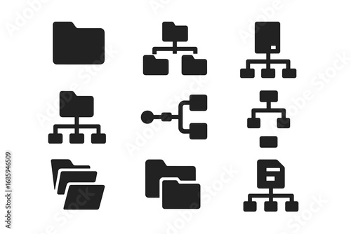 Hierarchical Storage Icons. Solid style icons of hierarchical storage: parent folder icon, nested folder tree, file hierarchy icon