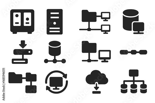 Solid Network Storage Icons. Solid style icons of network storage: NAS icon, file server, shared folder network, drive mapping,