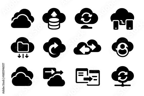 Cloud Backup Icons. Solid style icons of cloud-to-cloud backup: cloud with cloud arrow, SaaS backup icon, app data sync,
