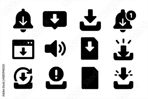Download Notification Icons. Solid style icons of download notifications: bell with arrow, toast message icon, tray alert, badge