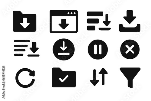 Solid Download Icons. Solid style icons of download folders and interfaces: downloads folder icon, download manager, file queue