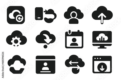 Cloud Backup Icons. Solid style icons of cloud-based backup apps: app icon with cloud, sync arrow badge, mobile desktop sync,