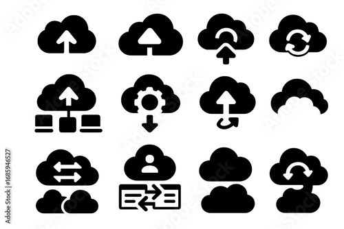 Cloud Backup Icons. Solid style icons of cloud-to-cloud backup: cloud with cloud arrow, SaaS backup icon, app data sync,