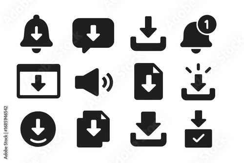 Download Notification Icons. Solid style icons of download notifications: bell with arrow, toast message icon, tray alert, badge