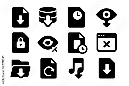 Temporary Download Icons. Solid style icons of temporary downloads: temp file icon, cache download, file with time limit, preview
