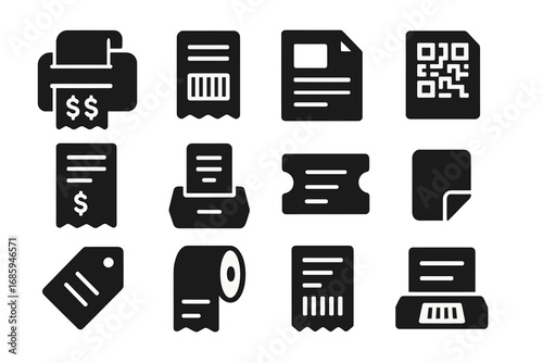 Solid Print Icons. Solid style icons of receipt and label printing: receipt printer icon, barcode print, shipping label icon, QR