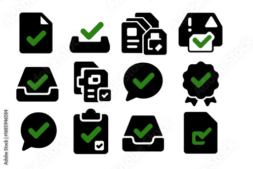 Confirmation Icons. Solid style icons of copy confirmation and success: checkmark on file, success tray, duplicate done icon,