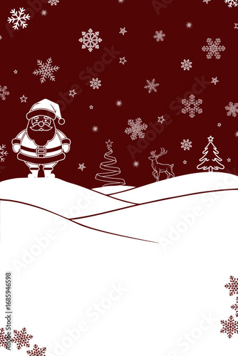 A festive Christmas illustration featuring Santa Claus, a reindeer, and a decorated tree against a snowy backdrop. Ideal for holiday cards and winter-themed decorations.