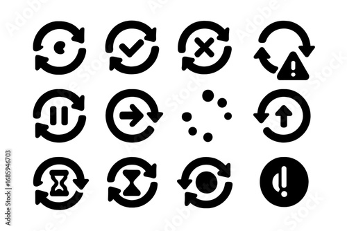 Sync Status Icons. Solid style icons of sync status indicators: sync in progress, sync complete check, sync failed icon, sync