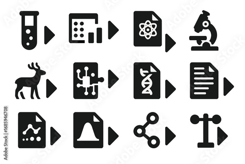 Scientific Data Icons. Solid style icons of scientific data import: import lab results, spreadsheet to graph, experiment data file