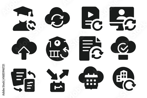 Educational Sync Icons. Solid style icons of educational sync: student data sync, classroom update cloud, e-learning file sync,