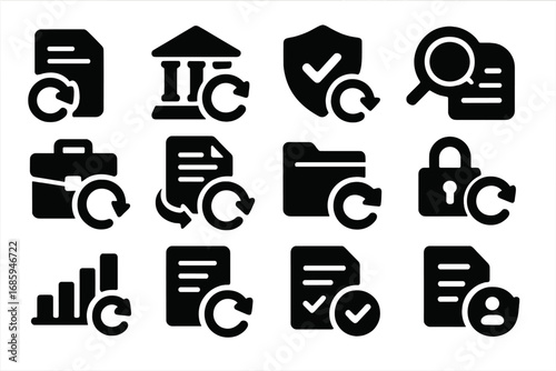 Legal Icons Refresh. Solid style icons of legal and compliance refresh: contract update icon, regulation refresh, compliance