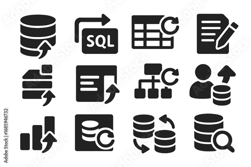 Database Update Icons. Solid style icons of database updates: database with arrow, SQL update icon, table refresh symbol, data