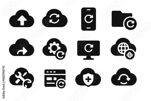 Cloud Update Icons. Solid style icons of cloud-based updates: cloud with arrow icon, cloud sync update, remote app refresh, file