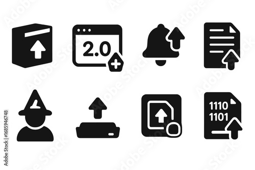 Software Upgrade Icons. Solid style icons of software upgrades: software box with up arrow, new version icon, patch install symbol
