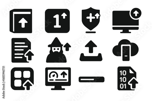 Software Upgrade Icons. Solid style icons of software upgrades: software box with up arrow, new version icon, patch install symbol