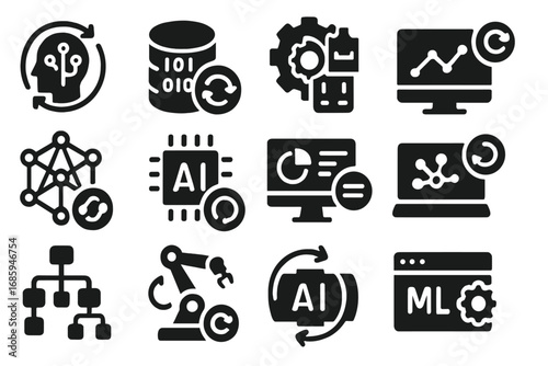 AI Icons Collection. Solid style icons of AI and machine learning updates: model refresh icon, training data update, algorithm