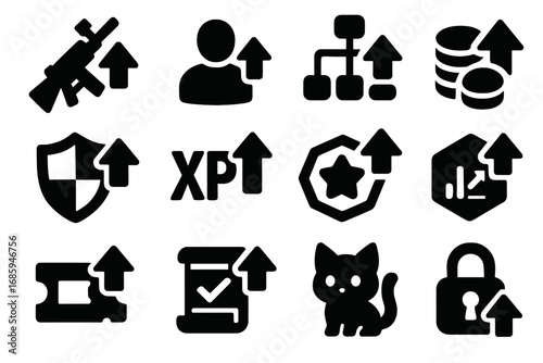 Gaming Upgrade Icons. Solid style icons of gaming upgrades: weapon upgrade icon, character level-up, skill tree enhancement,