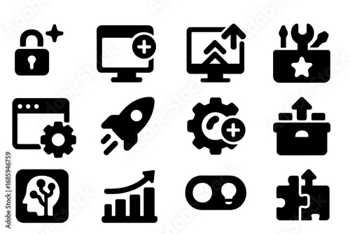 App Feature Icons. Solid style icons of app feature upgrades: new feature unlock, add-on install icon, feature tier upgrade,