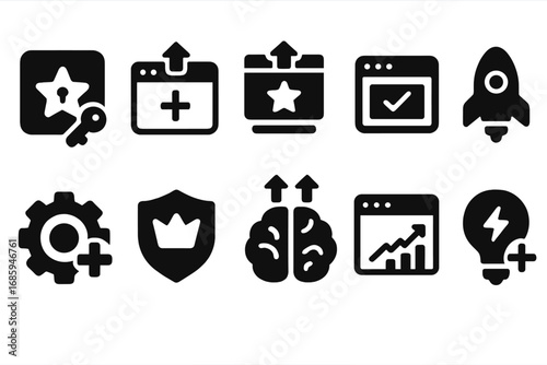 App Feature Icons. Solid style icons of app feature upgrades: new feature unlock, add-on install icon, feature tier upgrade,