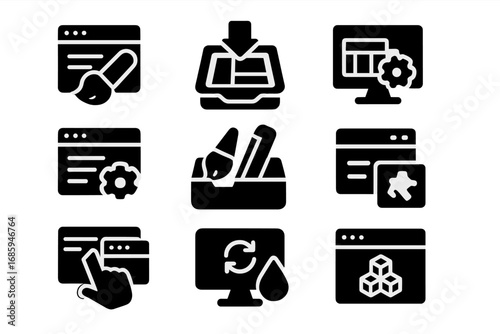 UI Installation Icons. Solid style icons of theme and UI installs: theme installer icon, layout import tray, skin install symbol,