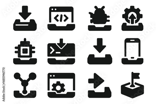Developer Tools Icons. Solid style icons of developer tool installation: code editor install tray, IDE setup symbol, debug tool
