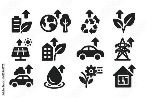 Eco Upgrades Icons. Solid style icons of sustainability and eco upgrades: green energy tier boost, carbon offset upgrade,
