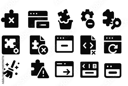 Browser Extension Uninstall Icons. Solid style icons of browser extension uninstallation: plugin with X icon, browser toolbar
