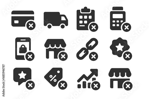 E-Commerce Icons Collection. Solid style icons of e-commerce plugin removal: payment integration remove, shipping plugin uninstall