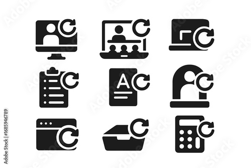 Education Icons Refresh. Solid style icons of classroom and education platform restart: e-learning app reboot, virtual classroom