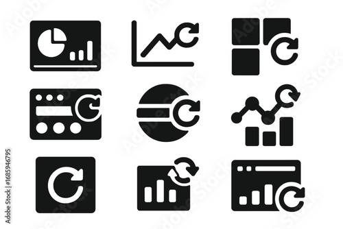 Dashboard Widget Icons. Solid style icons of dashboard widget restart: analytics widget reset, chart tile refresh, modular