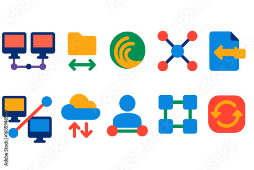 P2P Networking Icons. Flat vector icons of Peer-to-Peer Networking: connected PCs, shared folders, torrent symbol, mesh network,