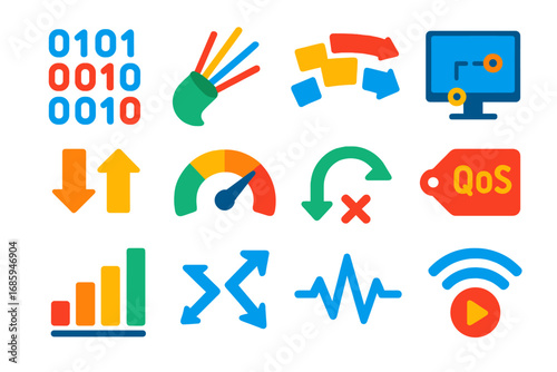 Data Transmission Icons. Flat vector icons of Data Transmission: binary signal, optical fiber, packet flow, ping test, data