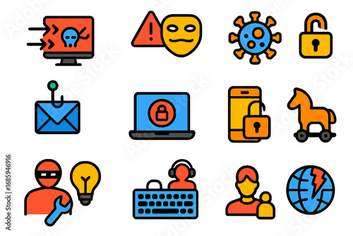 Network Security Icons. Flat vector icons of Network Security Threats: DDoS attack, spoofing alert, virus spread, phishing email,