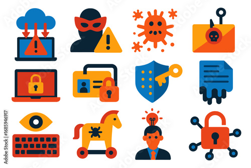 Network Security Icons. Flat vector icons of Network Security Threats: DDoS attack, spoofing alert, virus spread, phishing email,