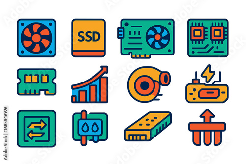 High-Performance Server Icons. Flat vector icons of High-Performance Servers: high-speed fan, SSD storage, GPU module, dual CPU