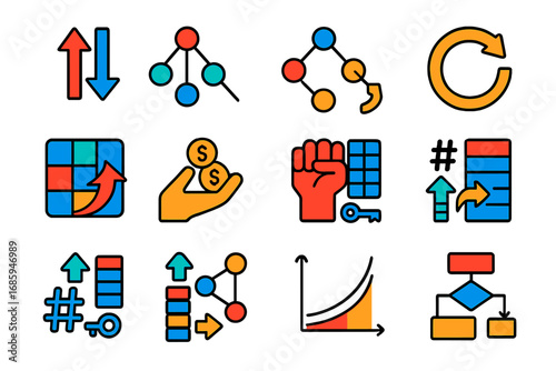 Algorithm Icon Set. Flat vector icons of Algorithm Fundamentals: sorting arrows, binary search tree, graph traversal, recursion