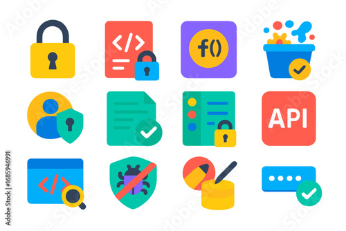 Secure Programming Icons. Flat vector icons of Secure Programming Practices: lock icon, secure code, encryption function, data