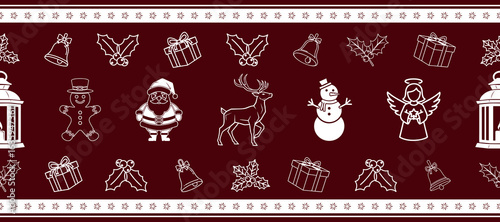 A seamless Christmas pattern showcasing Santa Claus, cheerful reindeer, a jolly snowman, festive gift boxes, and ringing bells. Perfect for ribbon backgrounds or other holiday-themed designs.